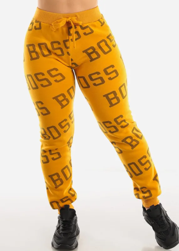 Fleece Drawstring Waist Jogger Sweatpants Mustard "Boss" sold by Moda