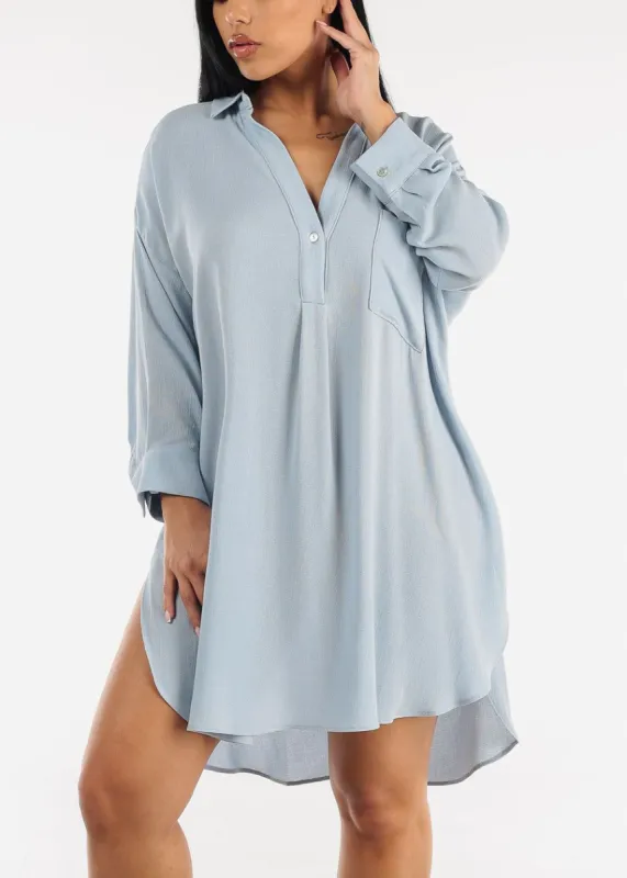 Long Sleeve Oversized Shirtdress Blue sold by Moda