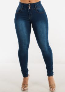 Mid Rise Butt Lifting Med Blue Skinny Jeans sold by Moda