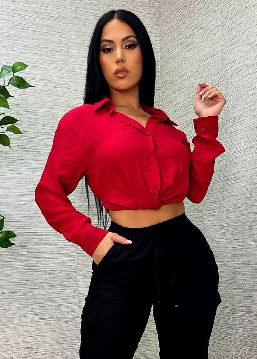 Long Sleeve Red Button Up Shirt w Twisted Front sold by Moda