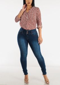 Mid Rise Butt Lifting Med Blue Skinny Jeans sold by Moda