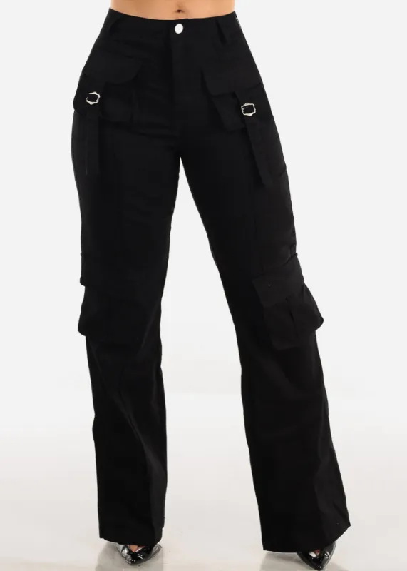 Black High Waist Straight Leg Twill Cargo Pants sold by Moda