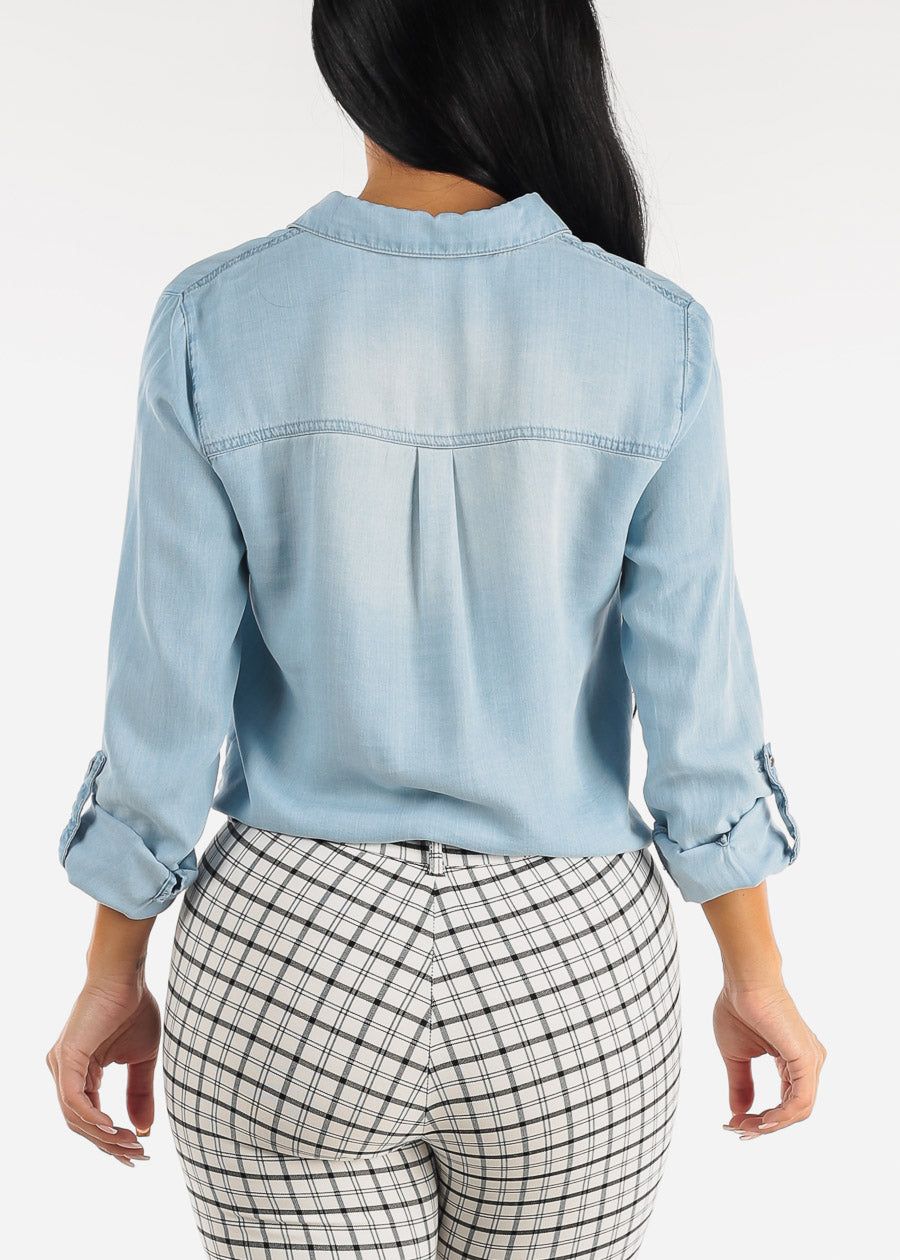 Relaxed Tie Front Collared Denim Blouse sold by Moda product image thumbnail 4