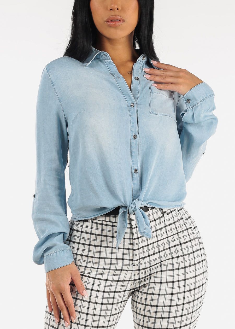 Relaxed Tie Front Collared Denim Blouse sold by Moda