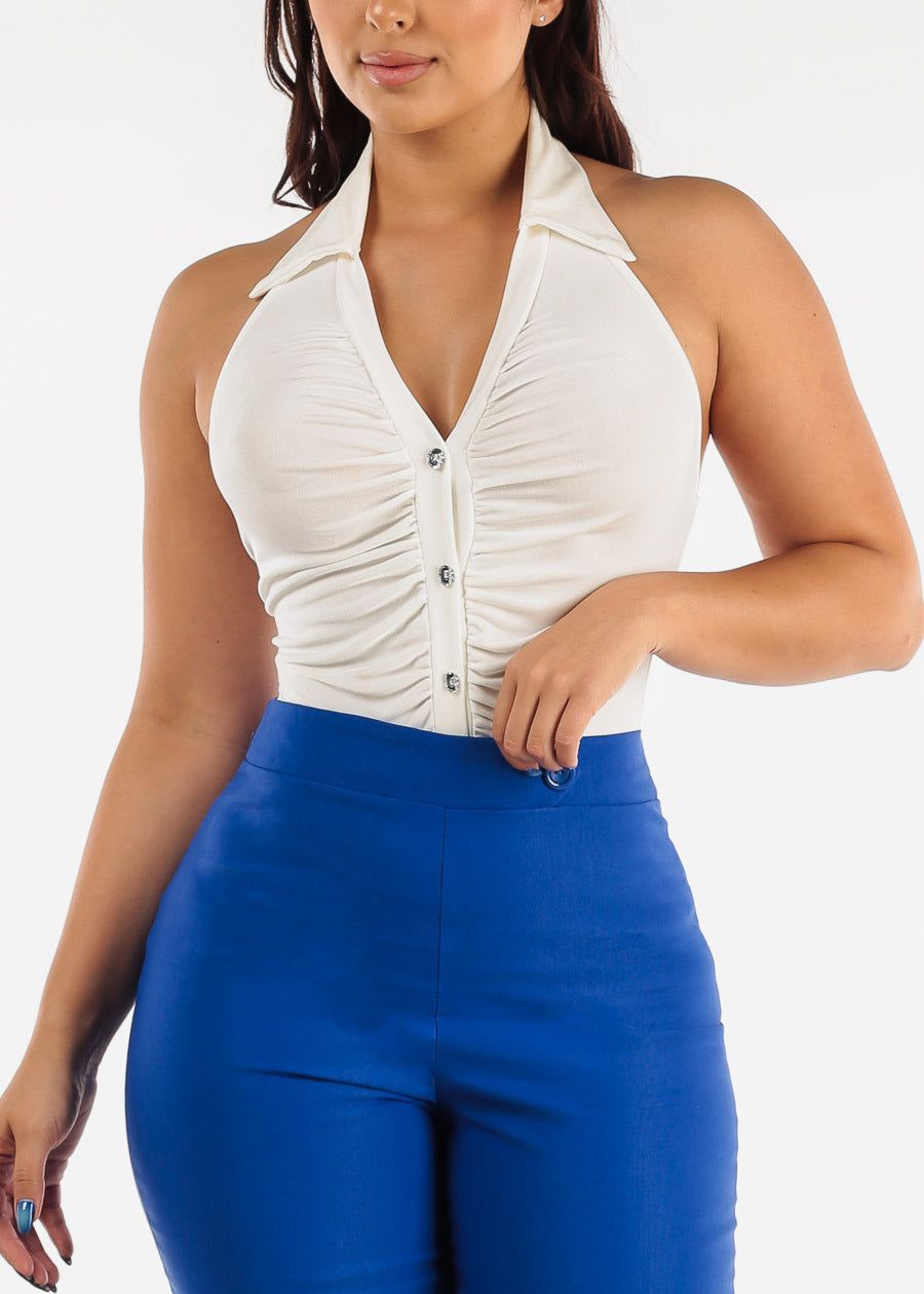 Backless Slinky Button Down Collared Bodysuit White sold by Moda