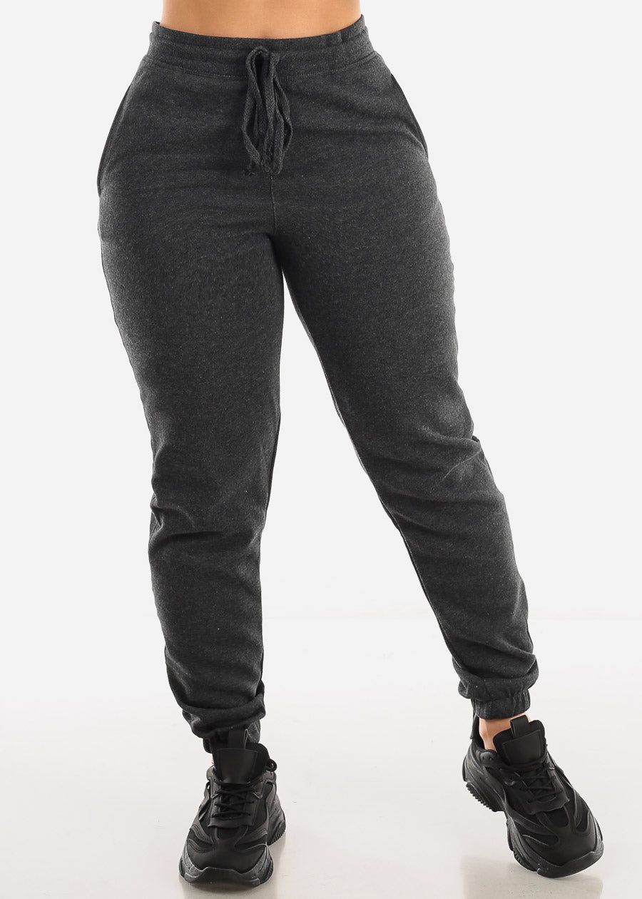 Drawstring Waist French Terry Jogger Pants Charcoal sold by Moda