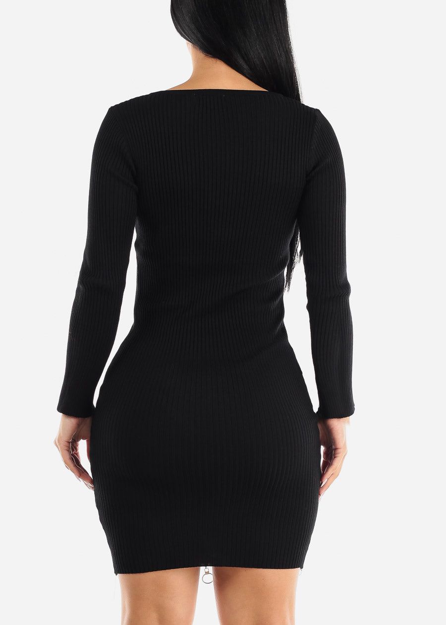 Black Zip Up Rib-Knit Bodycon Sweater Dress sold by Moda product image thumbnail 4