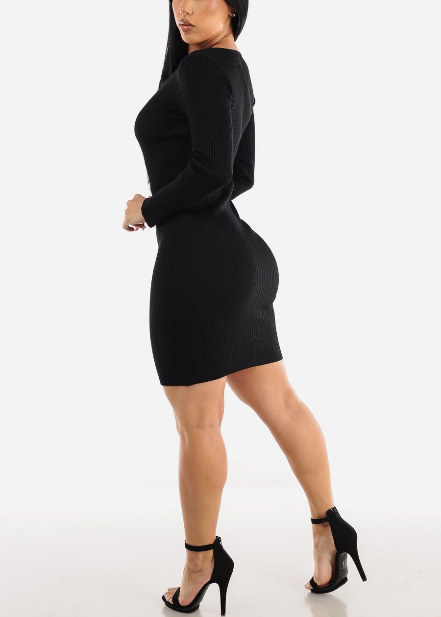 Black Zip Up Rib-Knit Bodycon Sweater Dress sold by Moda product image thumbnail 5