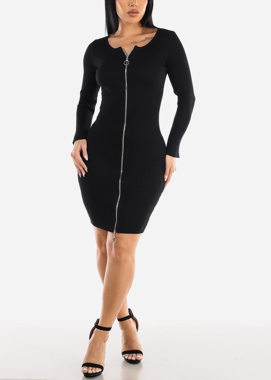 Black Zip Up Rib-Knit Bodycon Sweater Dress sold by Moda product image thumbnail 2