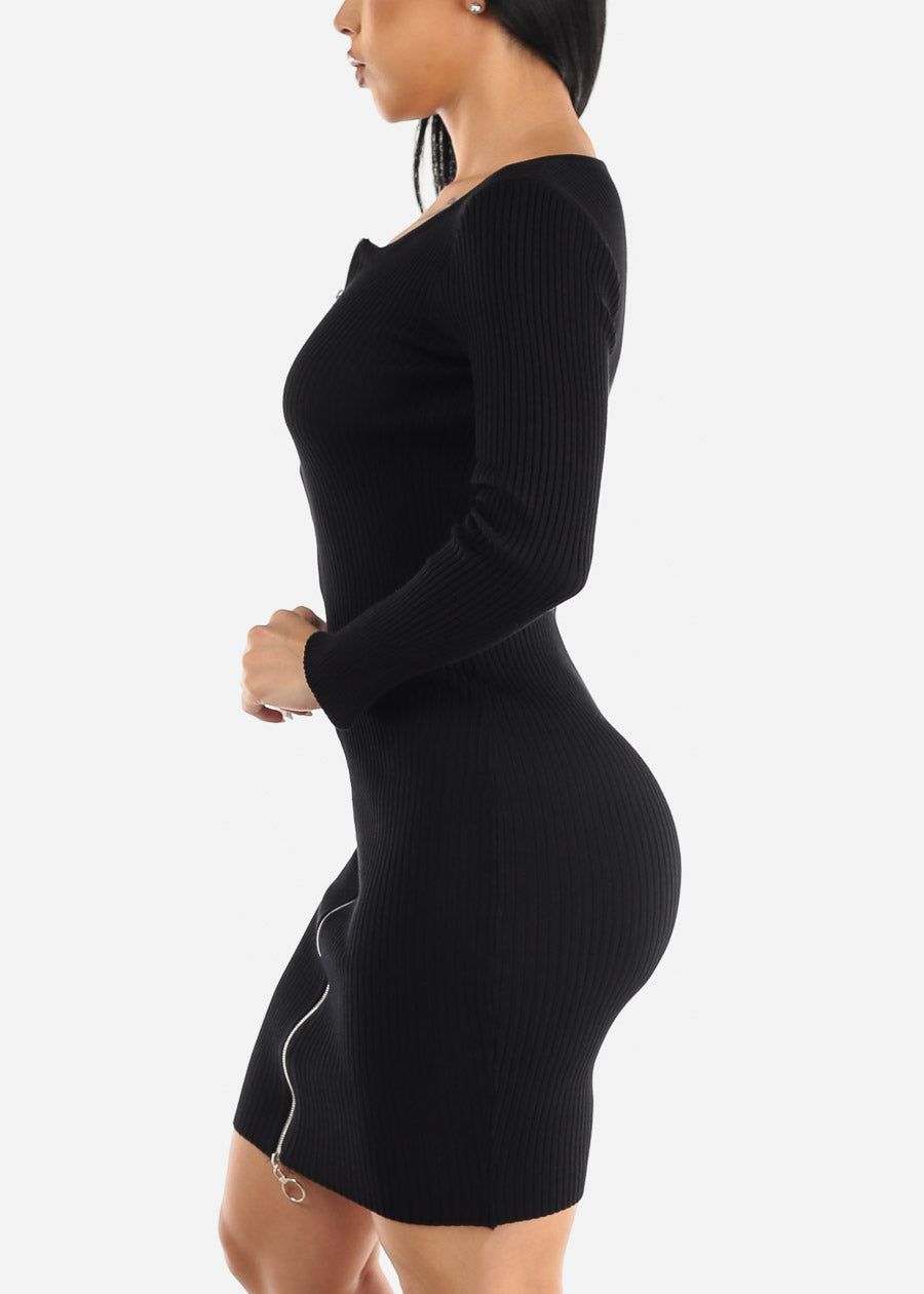 Black Zip Up Rib-Knit Bodycon Sweater Dress sold by Moda product image thumbnail 3
