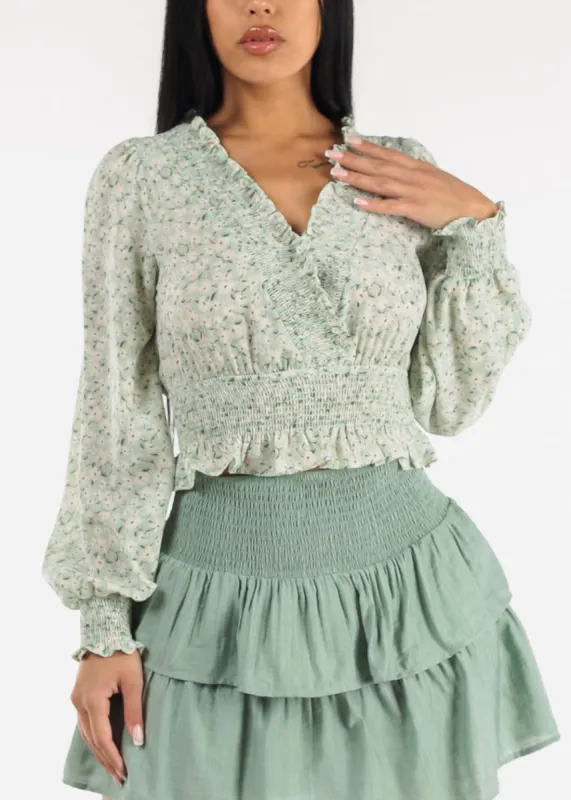 Long Sleeve Floral Surplice Smocked Top Mint sold by Moda