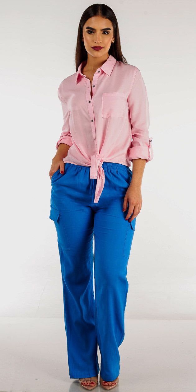 High Waist Linen Cargo Pants with Tie Front Button Up Pink Blouse sold by Moda