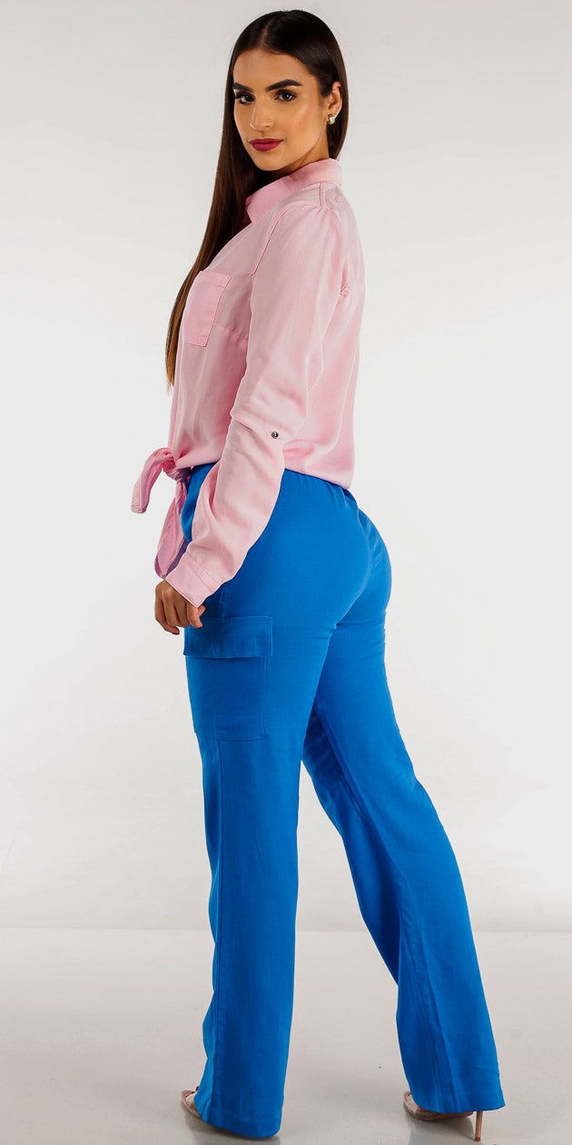 High Waist Linen Cargo Pants with Tie Front Button Up Pink Blouse sold by Moda product image thumbnail 2