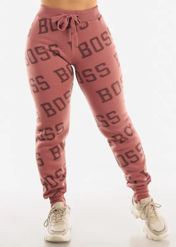 Fleece Drawstring Waist Jogger Sweatpants Mauve "Boss" sold by Moda