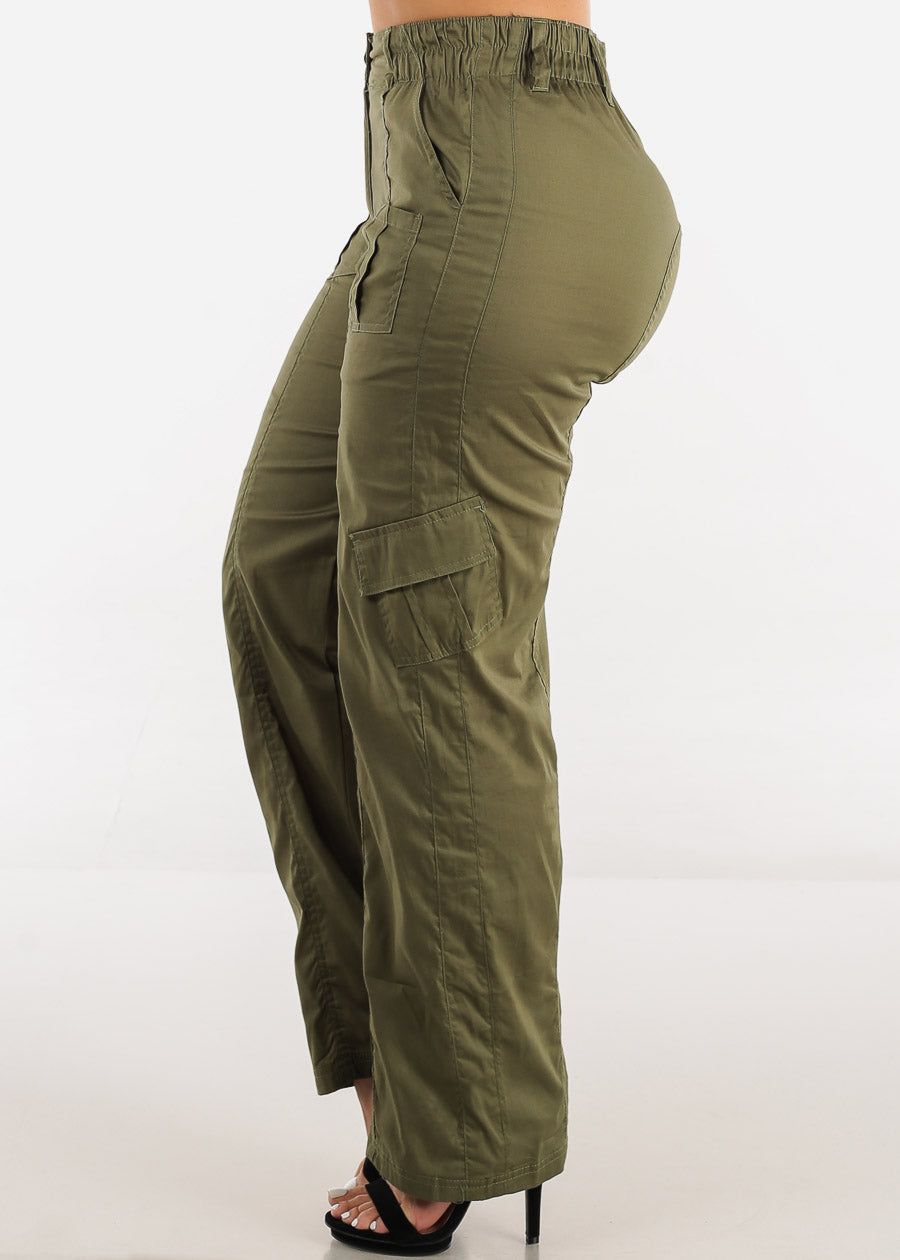 High Waisted Straight Wide Leg Cargo Pants Olive sold by Moda product image thumbnail 3