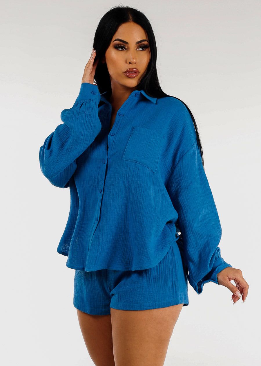 Cotton Button Down Shirt & Shorts Blue (2 PCE SET) sold by Moda