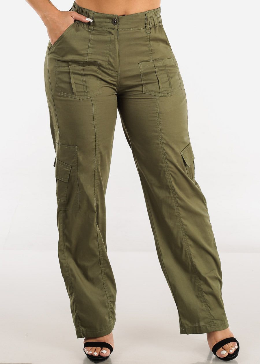 High Waisted Straight Wide Leg Cargo Pants Olive sold by Moda