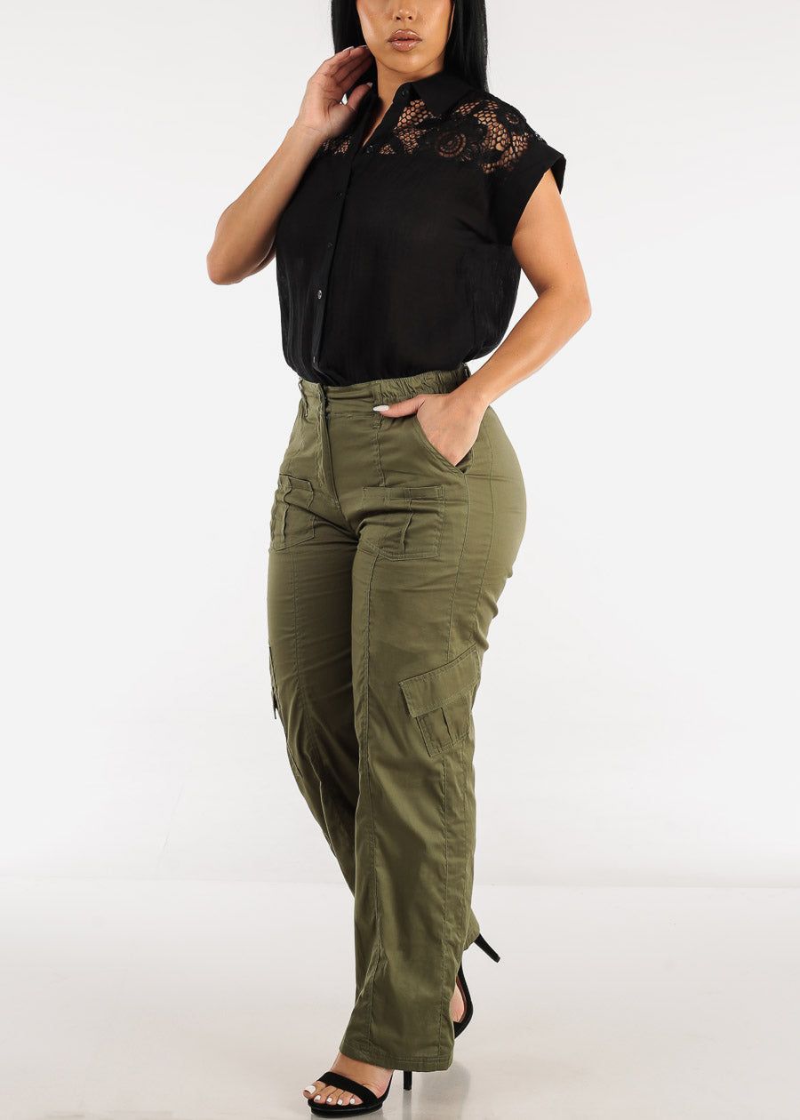 High Waisted Straight Wide Leg Cargo Pants Olive sold by Moda product image thumbnail 2