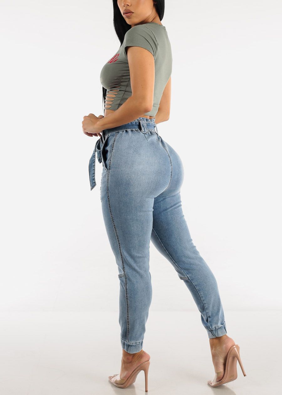 High Waisted Ripped Paper Bag Ankle Jeans w Belt sold by Moda product image thumbnail 5