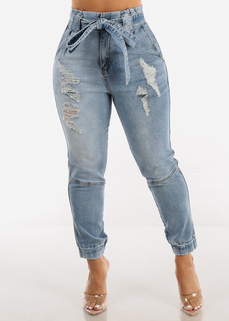 High Waisted Ripped Paper Bag Ankle Jeans w Belt sold by Moda