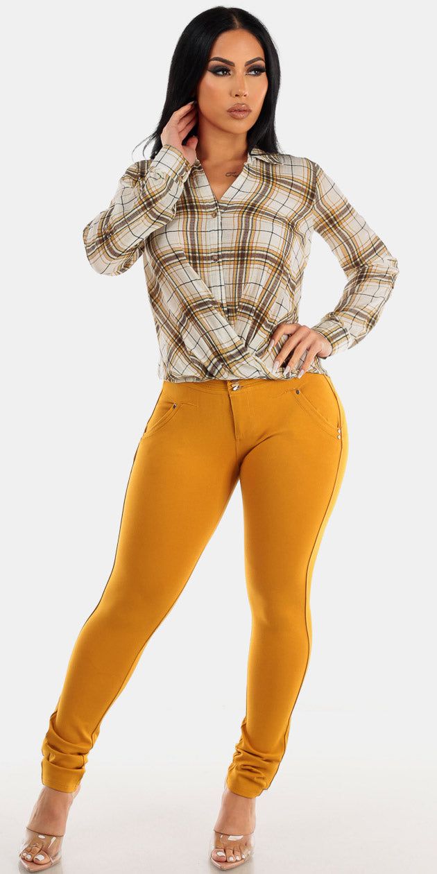 Mustard Butt Lifting Skinny Pants with Long Sleeve Twist Front Plaid Shirt sold by Moda