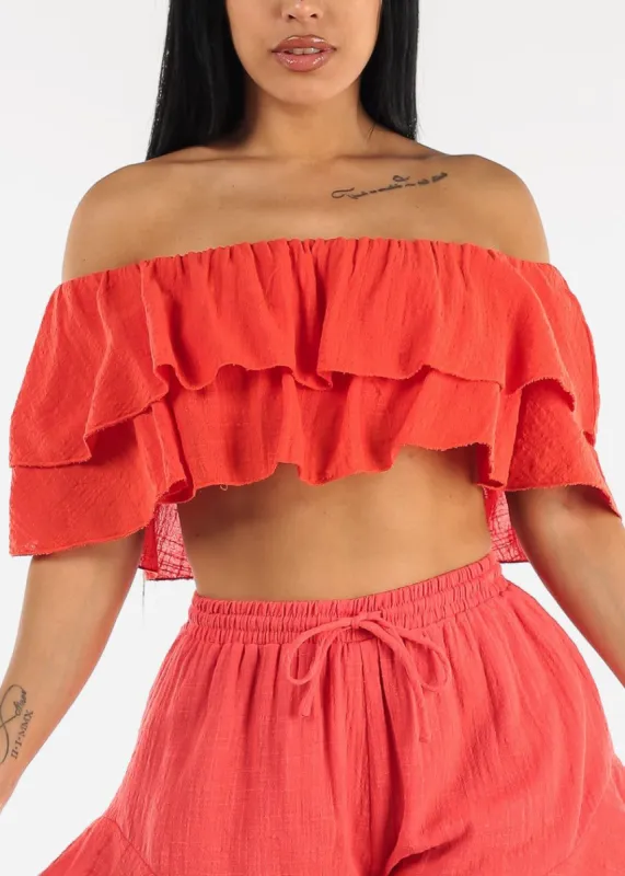 Off Shoulder Red Cotton Ruffled Crop Top sold by Moda