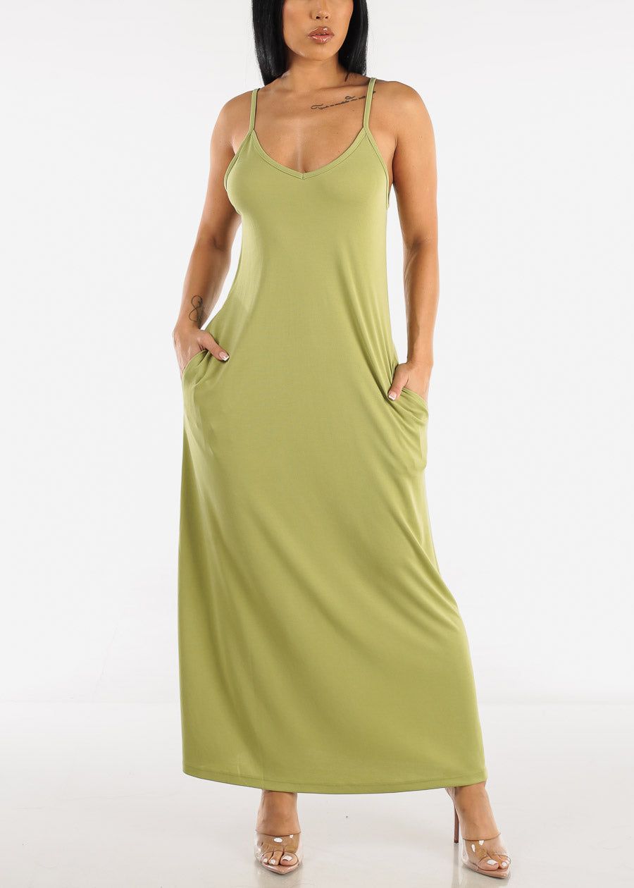 Sleeveless Cami Maxi Dress Light Olive w Pockets sold by Moda