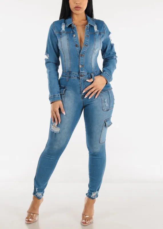 Long Sleeve Ripped Denim Skinny Cargo Jumpsuit Light Wash made by Moda