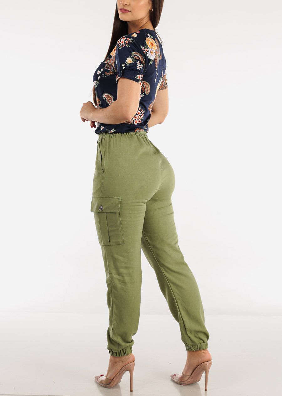 Olive High Rise Linen Drawstring Waist Cargo Joggers sold by Moda product image thumbnail 5