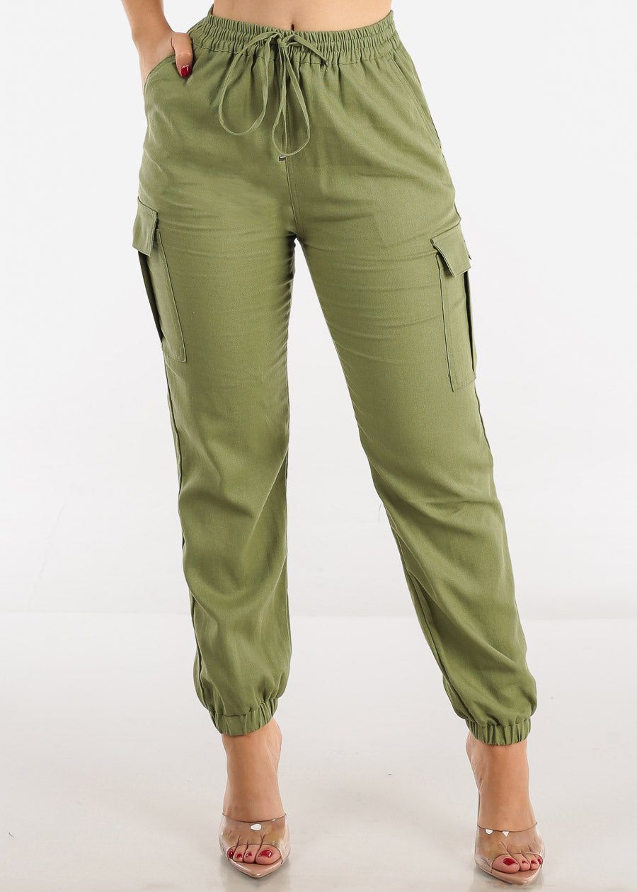 Olive High Rise Linen Drawstring Waist Cargo Joggers sold by Moda