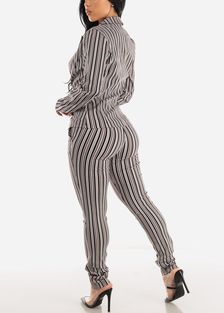 High Waisted Stripe Dressy Skinny Pants Black & Burgundy sold by Moda product image thumbnail 5
