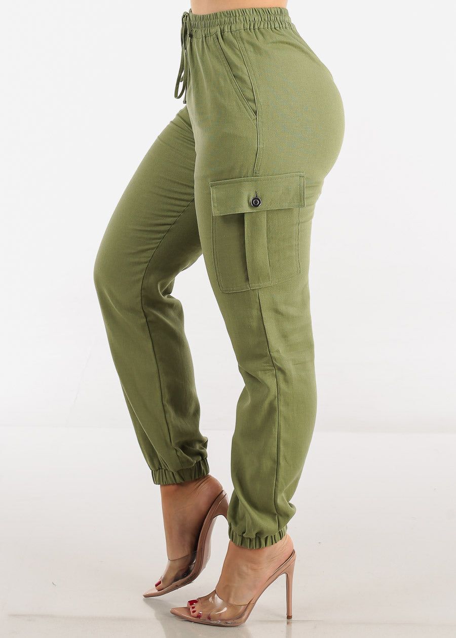 Olive High Rise Linen Drawstring Waist Cargo Joggers sold by Moda product image thumbnail 3