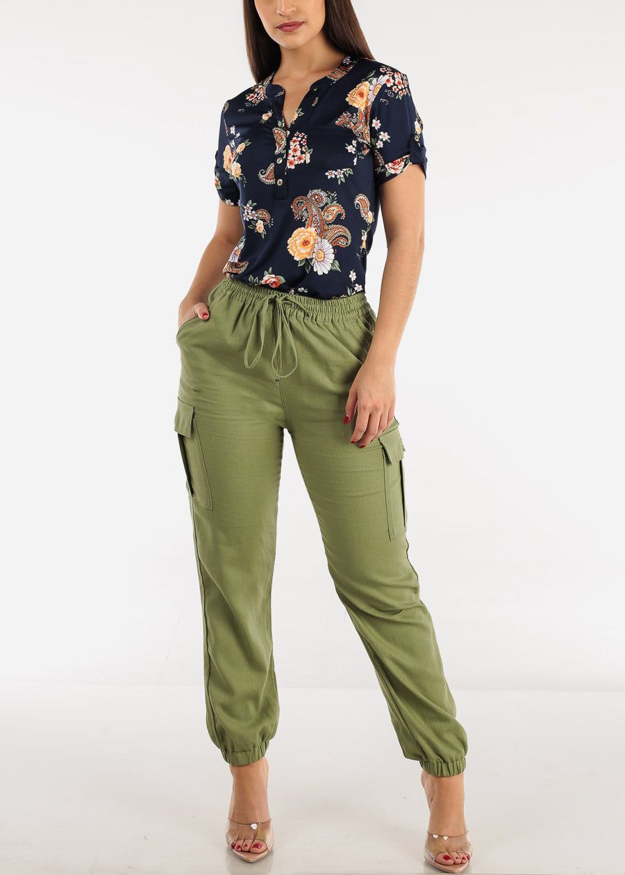Olive High Rise Linen Drawstring Waist Cargo Joggers sold by Moda product image thumbnail 2
