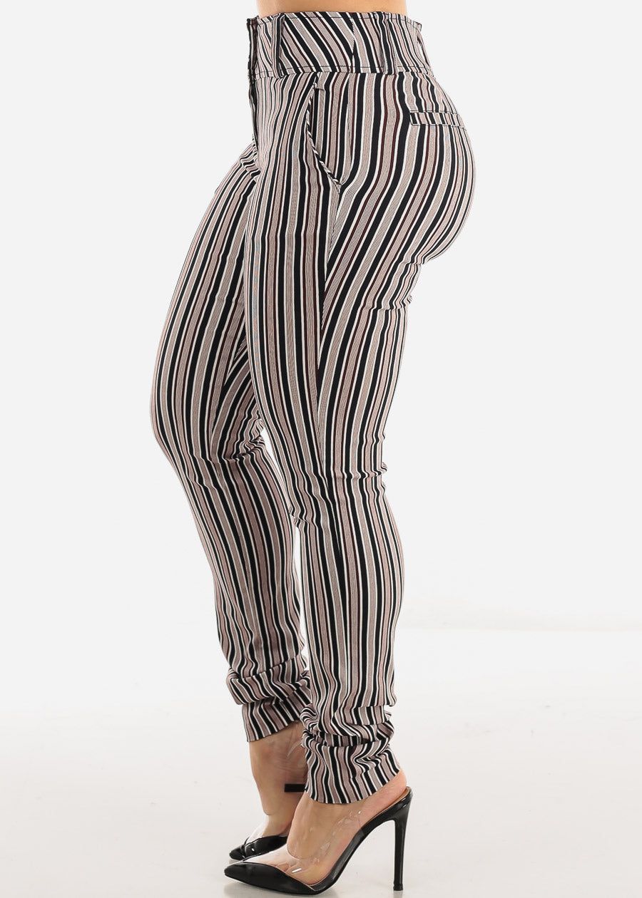 High Waisted Stripe Dressy Skinny Pants Black & Burgundy sold by Moda product image thumbnail 3
