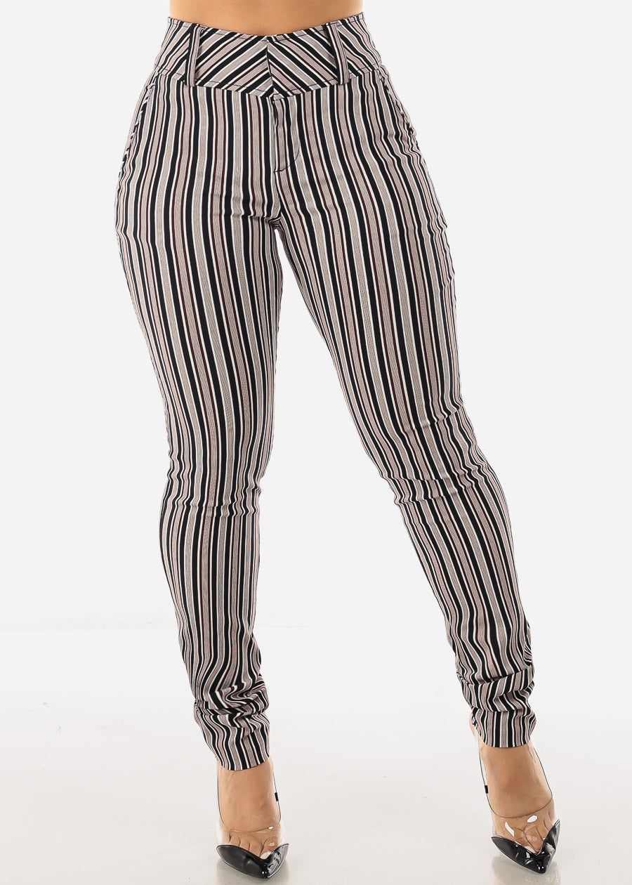 High Waisted Stripe Dressy Skinny Pants Black & Burgundy sold by Moda