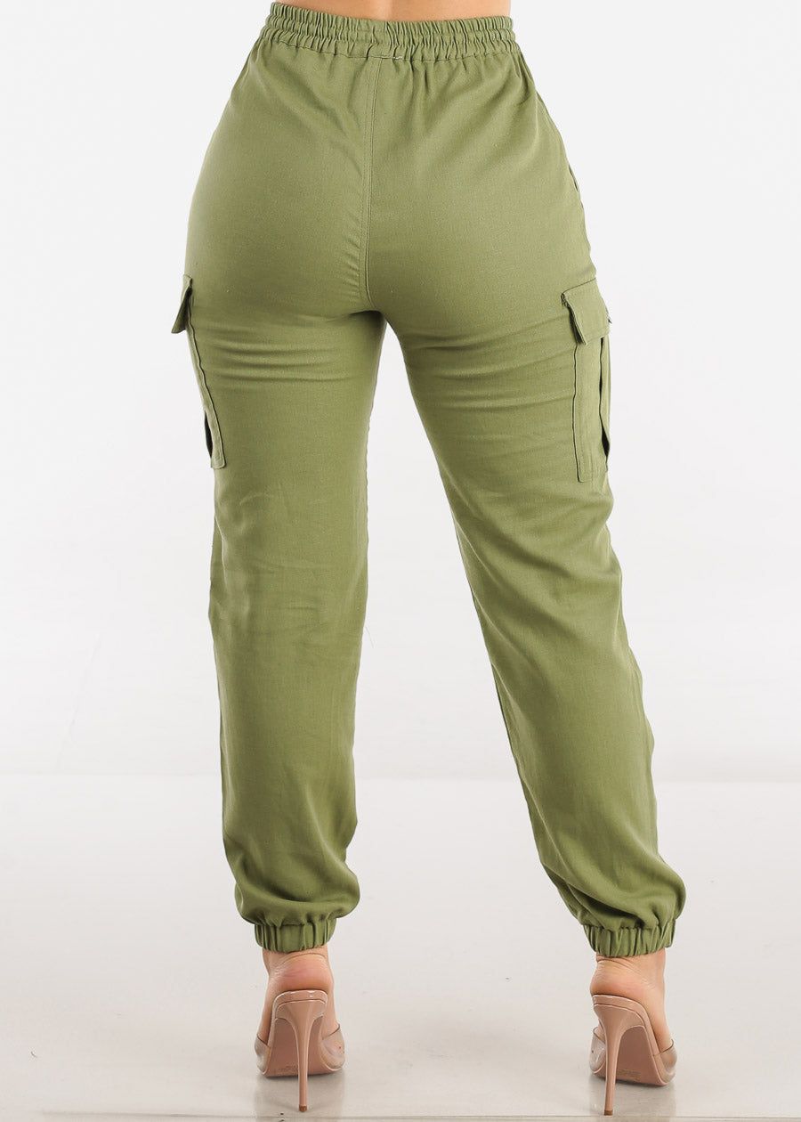 Olive High Rise Linen Drawstring Waist Cargo Joggers sold by Moda product image thumbnail 4