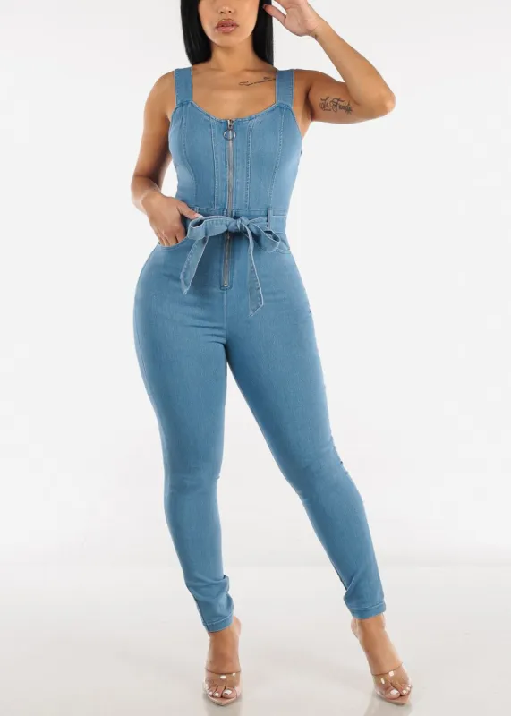 Sleeveless Denim Jumpsuit Med Wash Belted sold by Moda