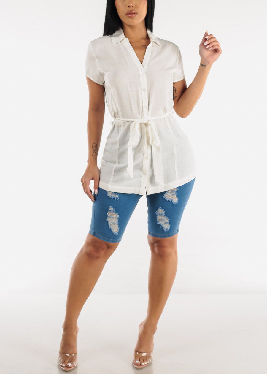 White Short Sleeve Button Down Belted Tunic Blouse sold by Moda product image thumbnail 2