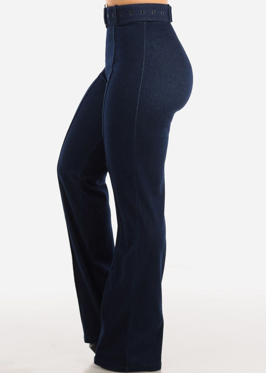 High Waist Denim Stretch Wide Leg Pants Dark Wash w Belt sold by Moda product image thumbnail 3