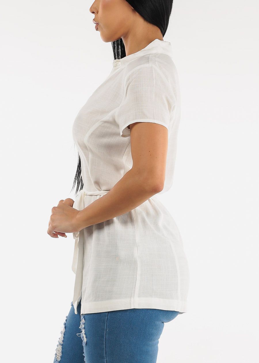 White Short Sleeve Button Down Belted Tunic Blouse sold by Moda product image thumbnail 3