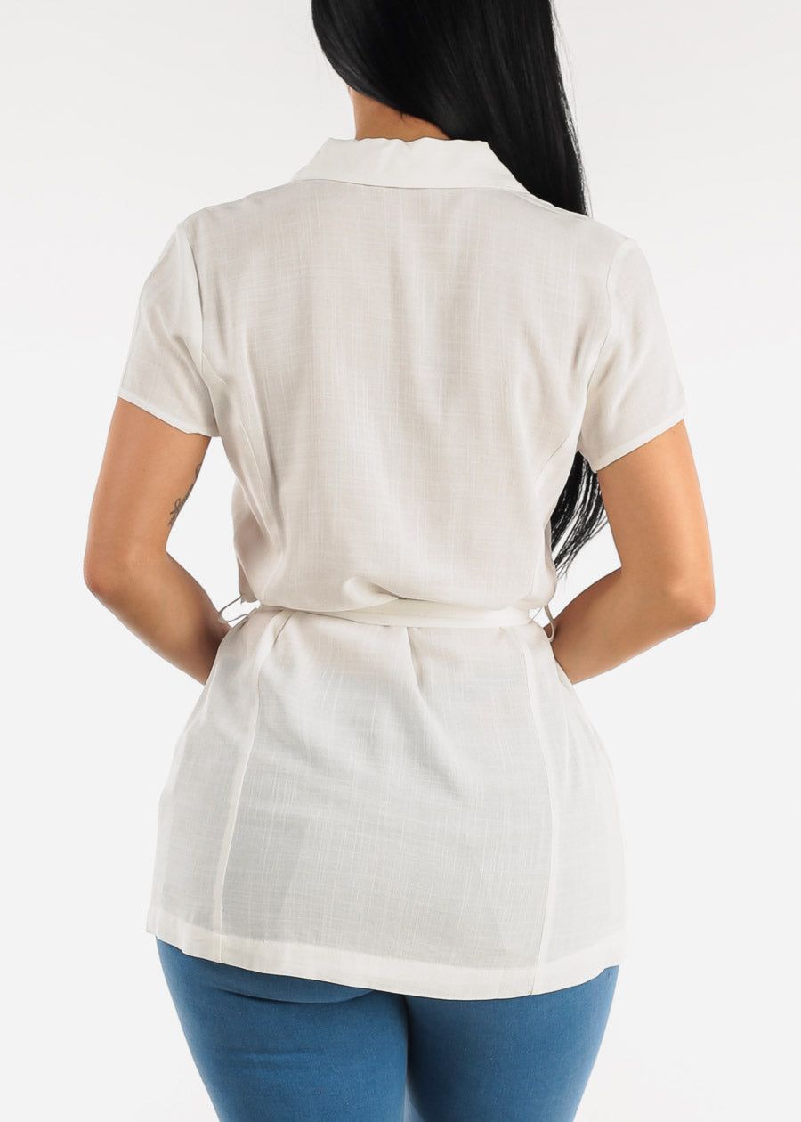 White Short Sleeve Button Down Belted Tunic Blouse sold by Moda product image thumbnail 4