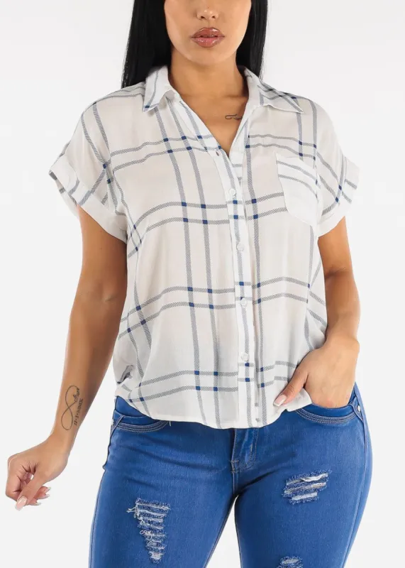 Relaxed Cap Sleeve White Plaid Button Up Shirt sold by Moda