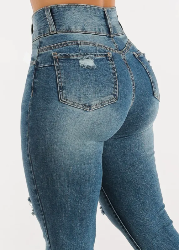 Butt Lift Super High Waist Distressed Skinny Jeans Med Blue sold by Moda