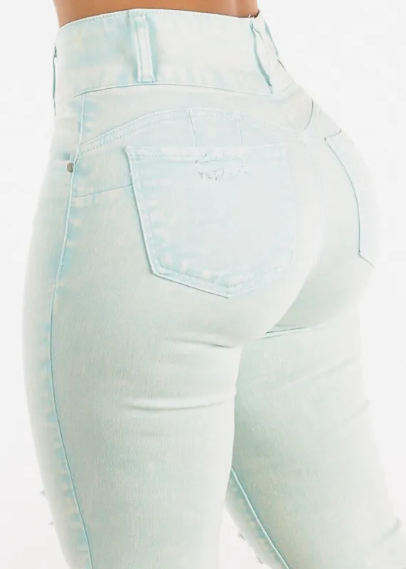 Butt Lifting Acid Wash Distressed Skinny Jeans Light Blue sold by Moda