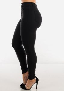 Black High Waisted Twill Stretch Skinny Pants sold by Moda