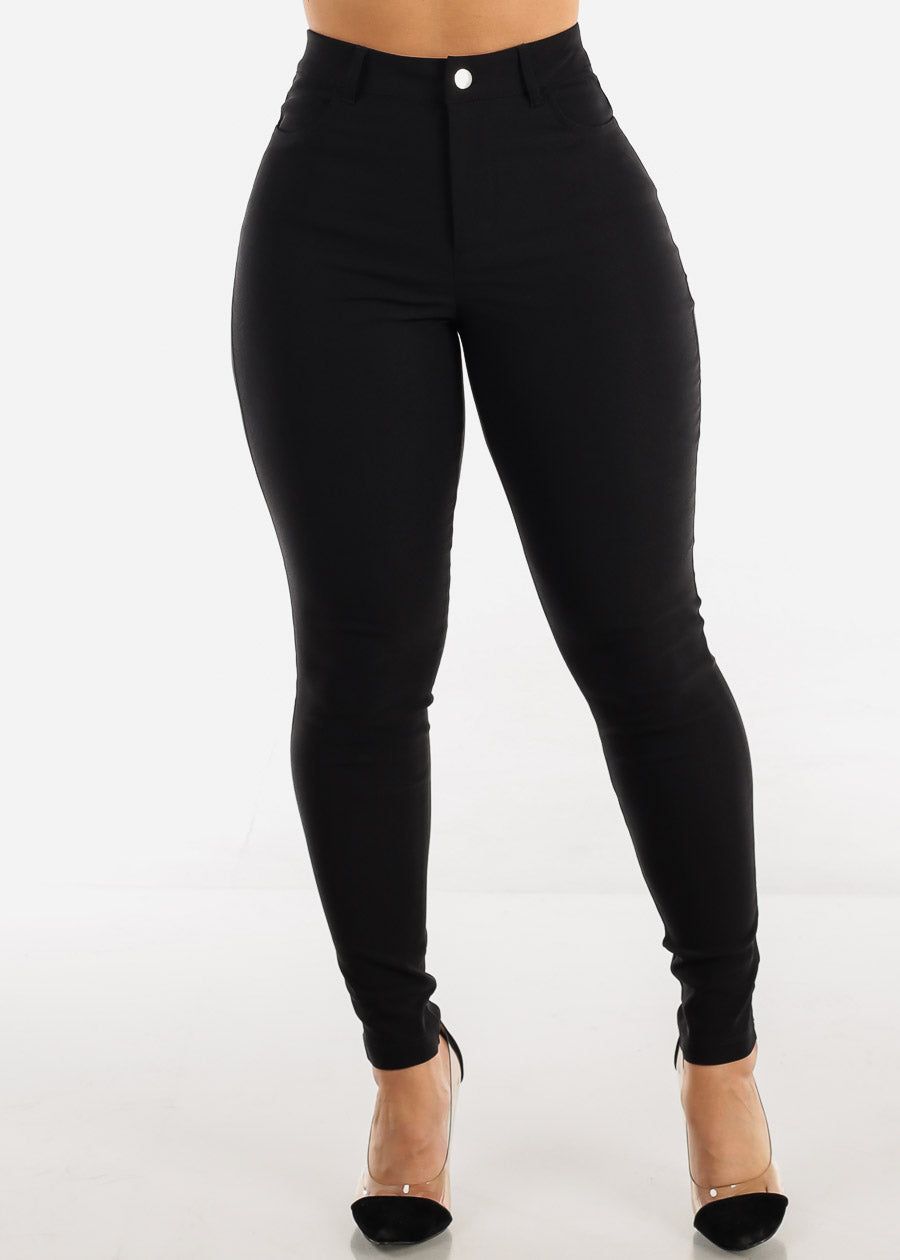 Black High Waisted Twill Stretch Skinny Pants sold by Moda