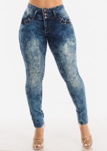 Butt Lifting Mid Rise Acid Wash Skinny Jeans sold by Moda