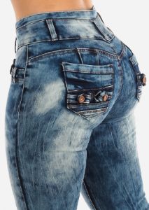 Butt Lifting Mid Rise Acid Wash Skinny Jeans sold by Moda