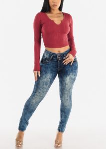 Butt Lifting Mid Rise Acid Wash Skinny Jeans sold by Moda