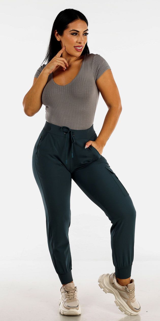 Blue Active Cargo Jogger Pants with Short Sleeve Ribbed Vneck Grey Bodysuit sold by Moda